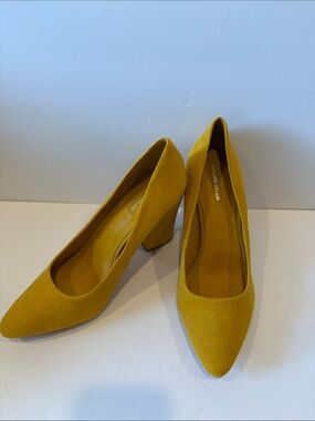 ANTONIO MELANI Yellow Suede Block Heel Pumps